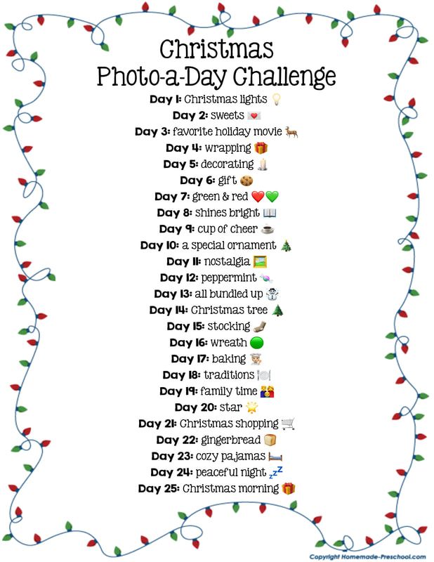 the christmas photo - a - day challenge is shown in red and green lights on a white background