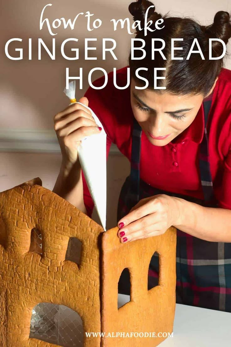 a woman is making a ginger bread house out of wood and paper machs with text overlay that reads how to make ginger bread house