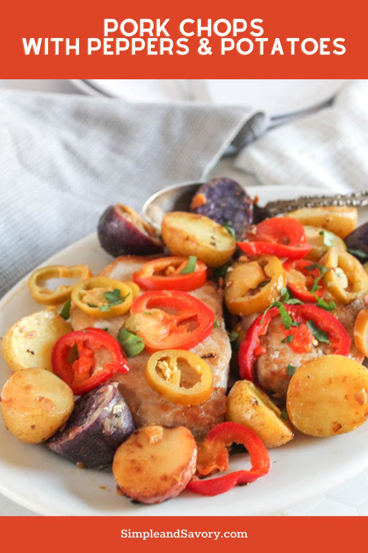 pork chops with peppers and potatoes on a white plate