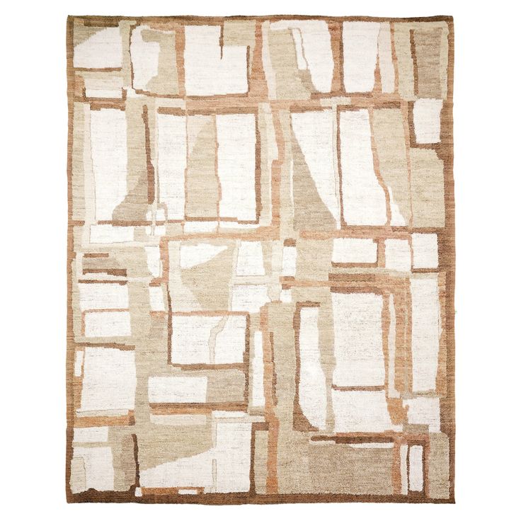 an area rug with squares and rectangles in beige, brown and white colors