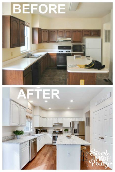 before and after pictures of a kitchen remodel with white cabinets, wood floors and stainless steel appliances