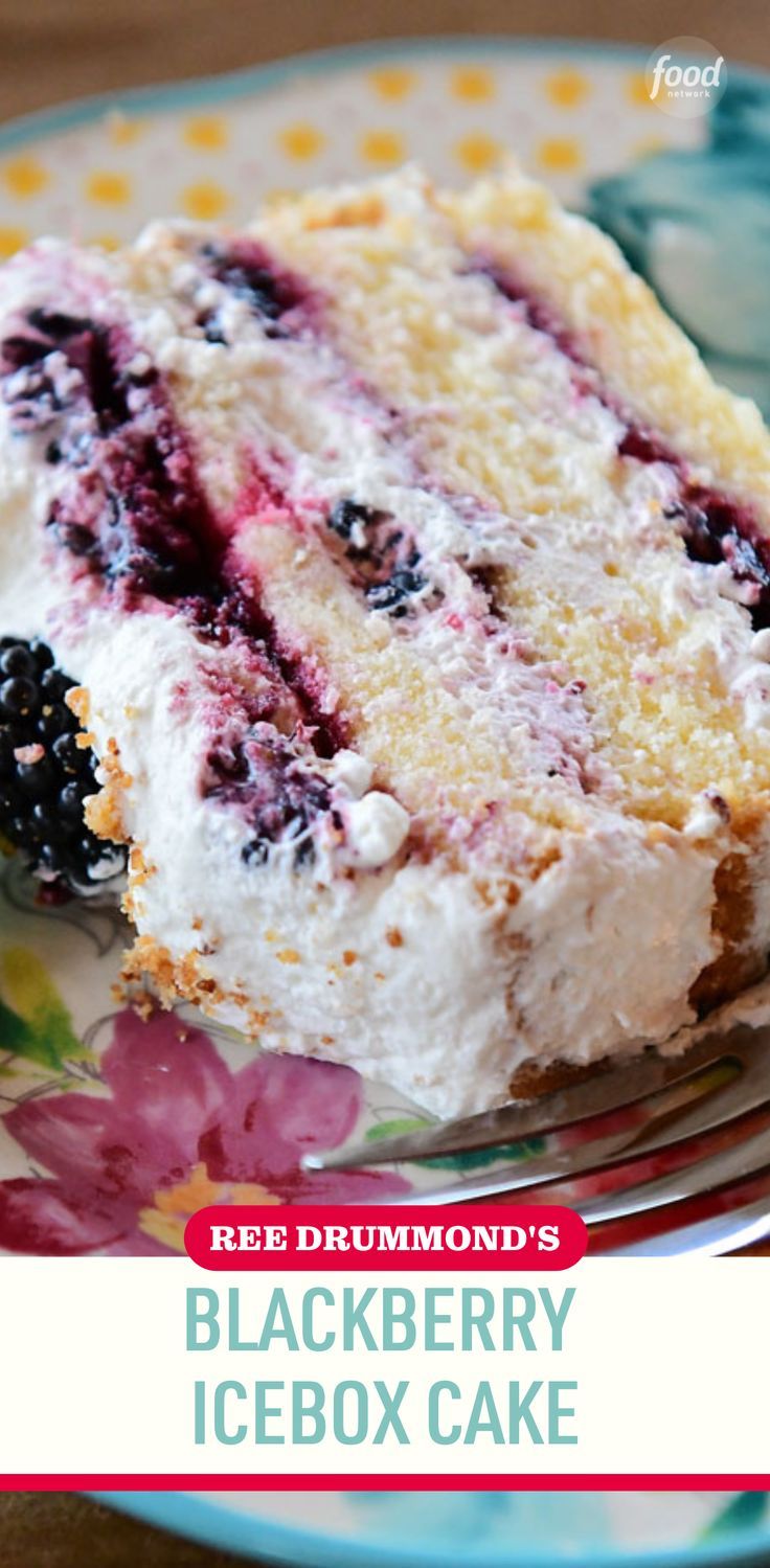 a close up of a piece of cake on a plate with the words blackberry icebox cake