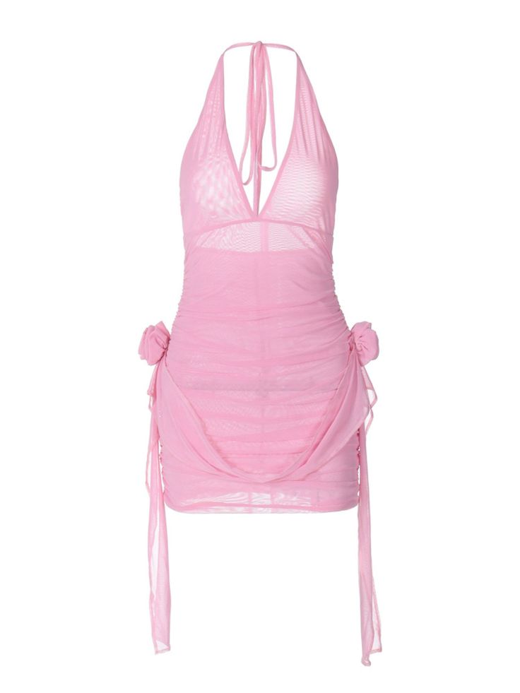 Introducing the Lovina Halterneck Mesh Mini Dress, the perfect addition to your spring-summer wardrobe. With a flattering halterneck and elastic pleated detailing, this sleeveless mini dress is both chic and playful. Embrace your inner good girl and stand out in pink. Details Lovina Halterneck Mesh Mini Dress in Pink Sleeveless Backless Elastic Pleated Good Girl Things Spring-Summer Collection Spring Mini Dress With Tie Back And Stretch, Chic Fitted Mini Dress With Elastic Neckline, Ruched Summer Beachwear Dress, Ruched Beachwear Dress For Summer, Spring Mini Length Stretch Backless Dress, Spring Beachwear Ruched Mini Dress, Fitted Halter Neck Sleeveless Summer Dress, Spring Stretch Mini Length Backless Dress, Spring Ruched Mini Dress For Beachwear