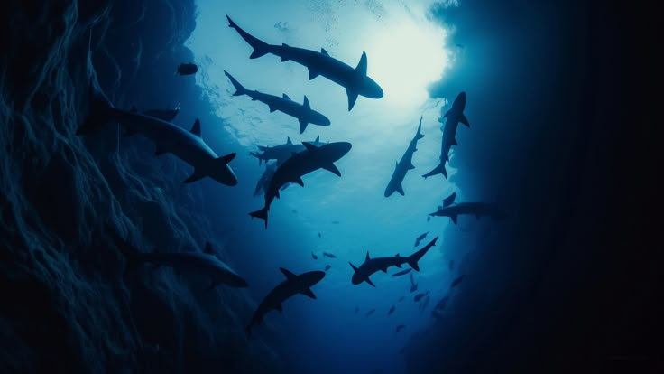 a large group of sharks swimming in the ocean