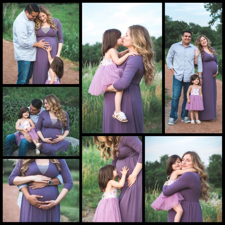 a collage of photos shows a pregnant woman and her husband kissing their daughter's belly