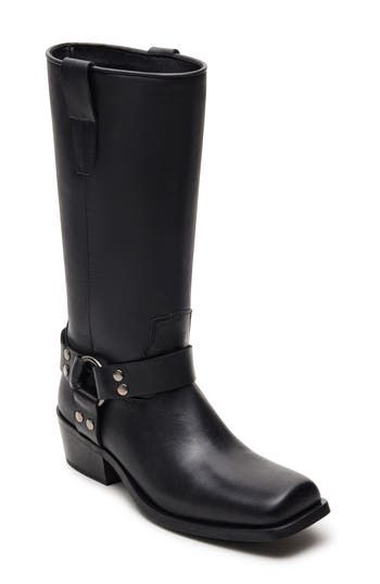 Harness hardware brings plenty of classic moto style to a smooth leather boot complete with a squared-off toe. 2" heel 11" shaft; 13" calf circumference. Narrow calf Pull-on style Leather upper/synthetic and textile lining/synthetic sole Imported Black Moto Boots, Moto Style, Leather Boot, Fabric Gift Bags, Moto Boots, Black Fits, Boot Shoes Women, Smooth Leather, Leather Boots