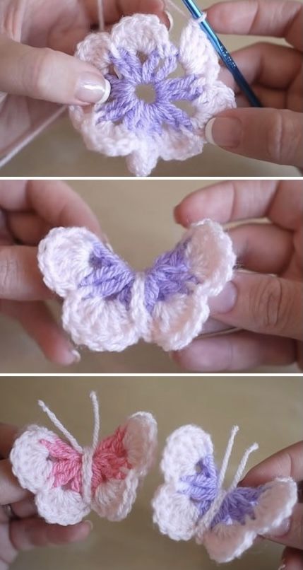 crocheted butterflies are being displayed in three different pictures, one is pink and the other is purple