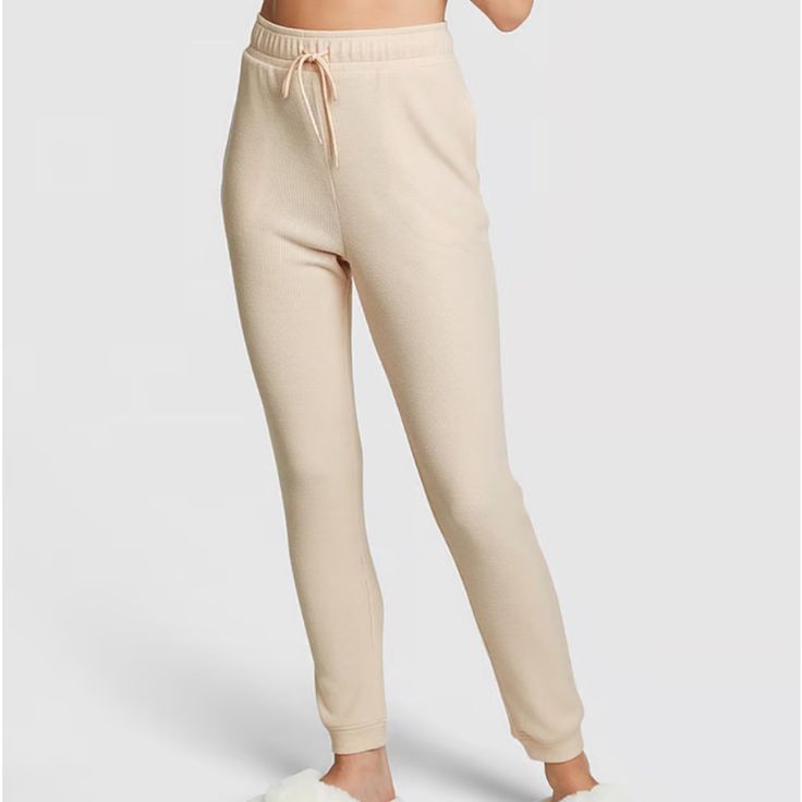 Pink Jogger Thermal Sleep Pants Cozy Bottoms For Relaxation, Cozy Long Pants For Loungewear, Cozy Loungewear Bottoms, Cozy Loungewear Long Pants, Beige High Waist Bottoms For Loungewear, Comfortable High Waist Sweatpants For Loungewear, High Waist Beige Bottoms For Loungewear, Comfortable High-waist Sweatpants For Loungewear, Cozy Soft Bottoms For Spring