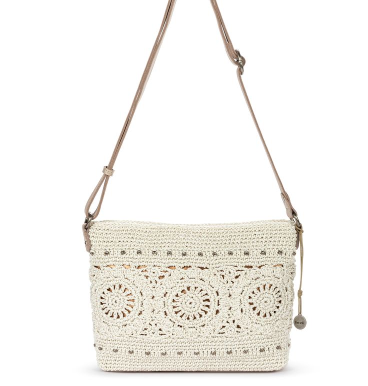 The Sak Melrose Leather Crossbody - |Hand Crochet - Natural Medallion| Daily Use Crochet Crossbody Bag, Adjustable Strap Crochet Crossbody Bag, Daily Use Crochet Shoulder Bag With Adjustable Strap, Crochet Tote Bag With Adjustable Strap, Crochet Shoulder Bag With Adjustable Strap, Everyday Crochet Crossbody Bag With Braided Handles, Daily Use Crochet Satchel Bag, Beige Crochet Satchel Bag With Adjustable Strap, Travel White Crochet Bag With Removable Pouch