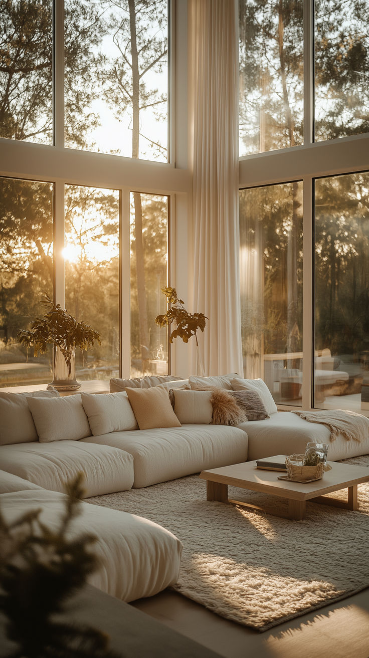 a living room filled with lots of furniture and large windows overlooking the forest at sunset