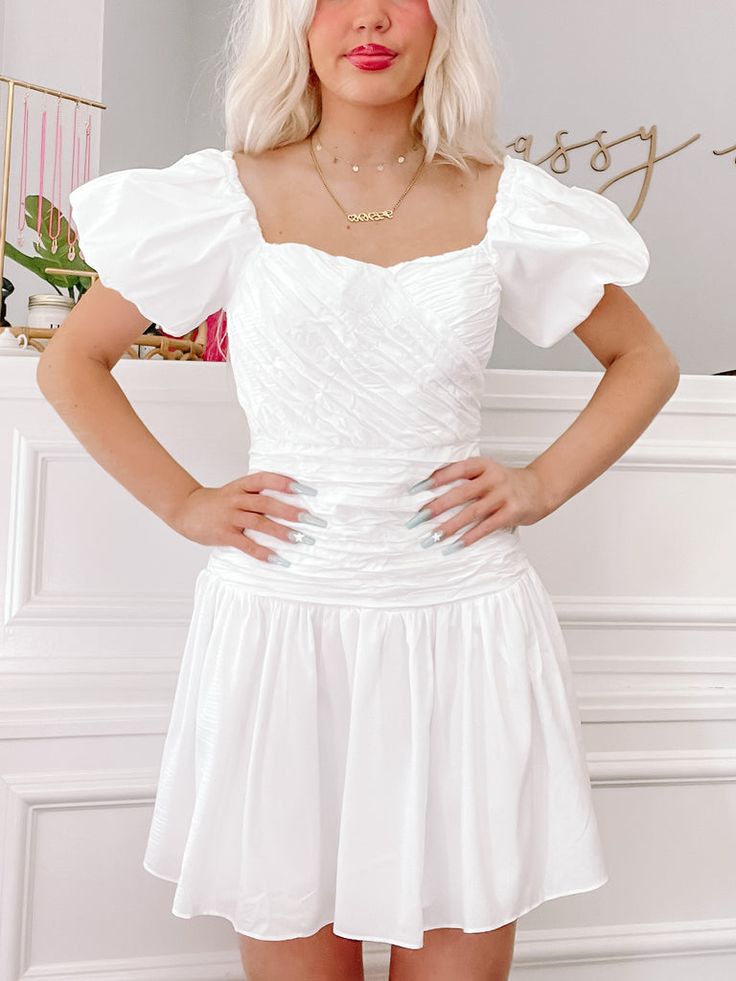 Dear Lover White Dress | Sassy Shortcake White Ruffled Mini Dress With Puff Sleeves, White Fitted Mini Dress With Smocked Back, White Mini Dress With Ruffles And Puff Sleeves, White Puff Sleeve Mini Dress With Ruffles, Fitted White Mini Dress With Smocked Back, Puff Sleeve Mini Dress With Ruched Bodice For Brunch, Flirty White Dress With Smocked Back, White Puff Sleeve Dress With Fitted Bodice, Feminine Fitted Puff Sleeve Dress With Smocked Back