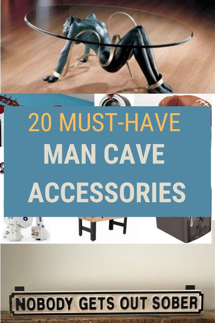 the words man cave accessories are displayed in this collage with images of various items