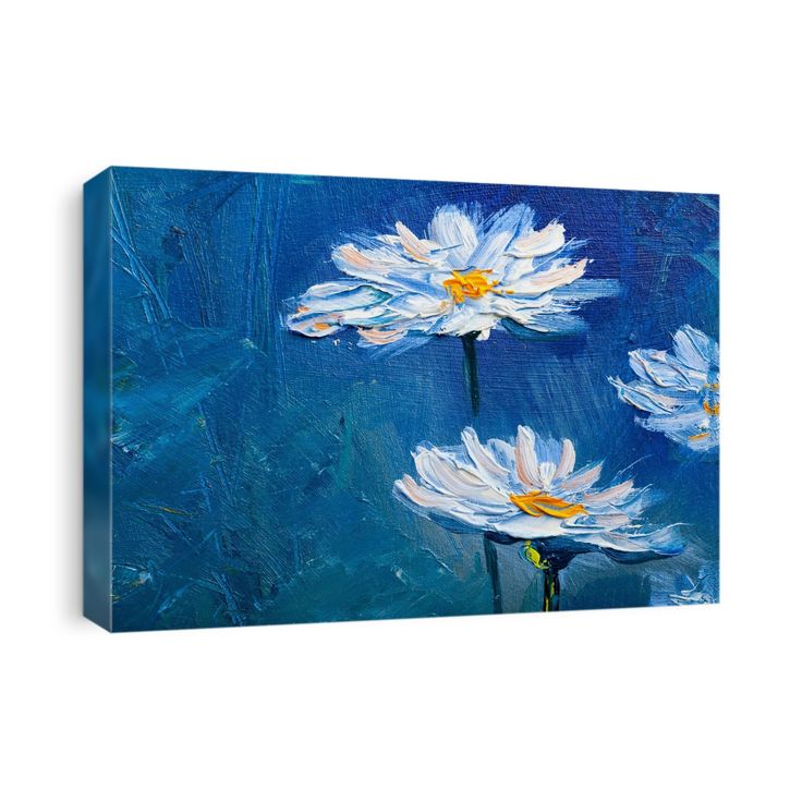 three white flowers on a blue background are featured in this acrylic art work