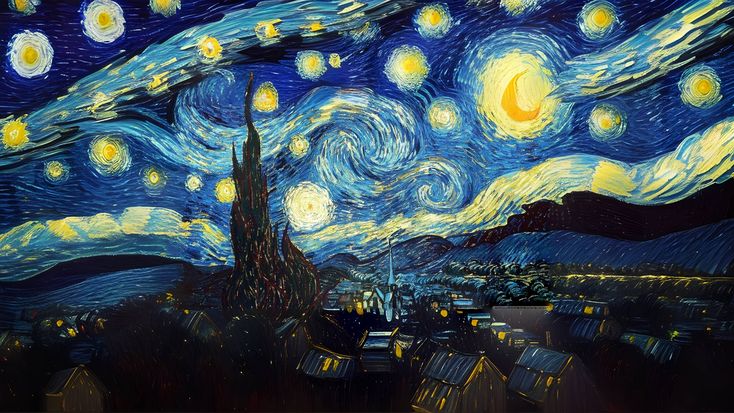 a painting of the starry night over a city