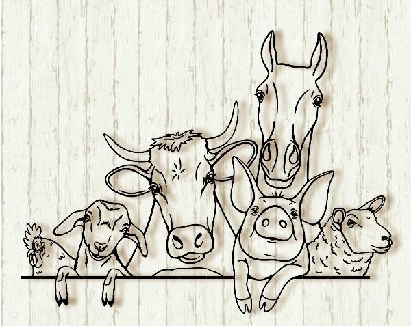 a drawing of three cows and two sheep on a wooden paneled background with text