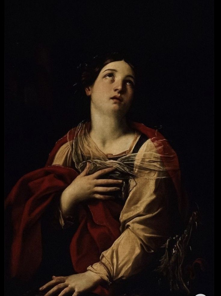 a painting of a woman with her hands on her chest, wearing a red shawl