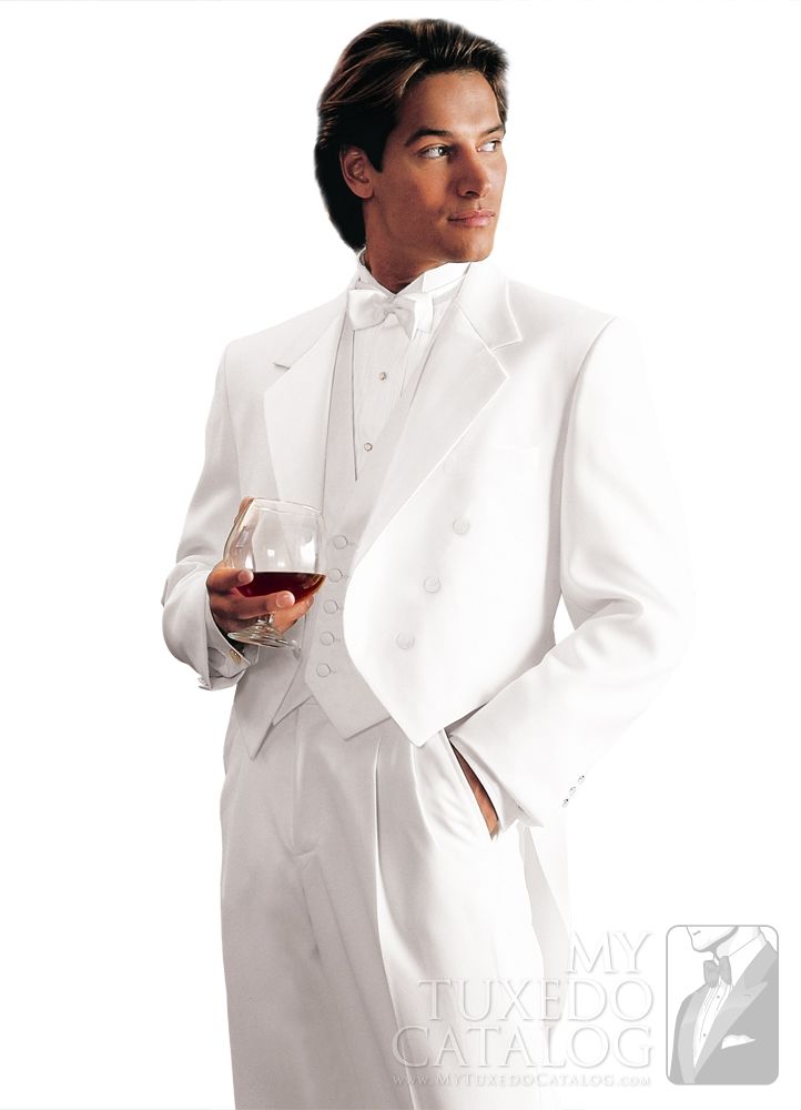 a man in a white tuxedo holding a glass of wine