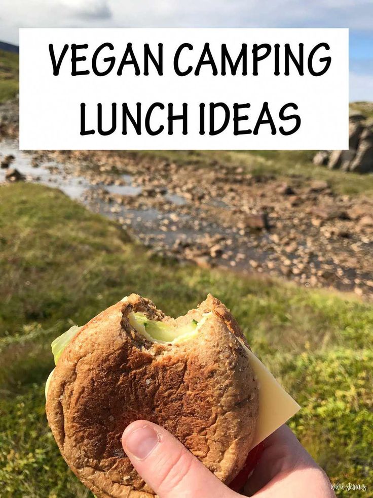 a person holding up a piece of food with the words vegan camping lunch ideas