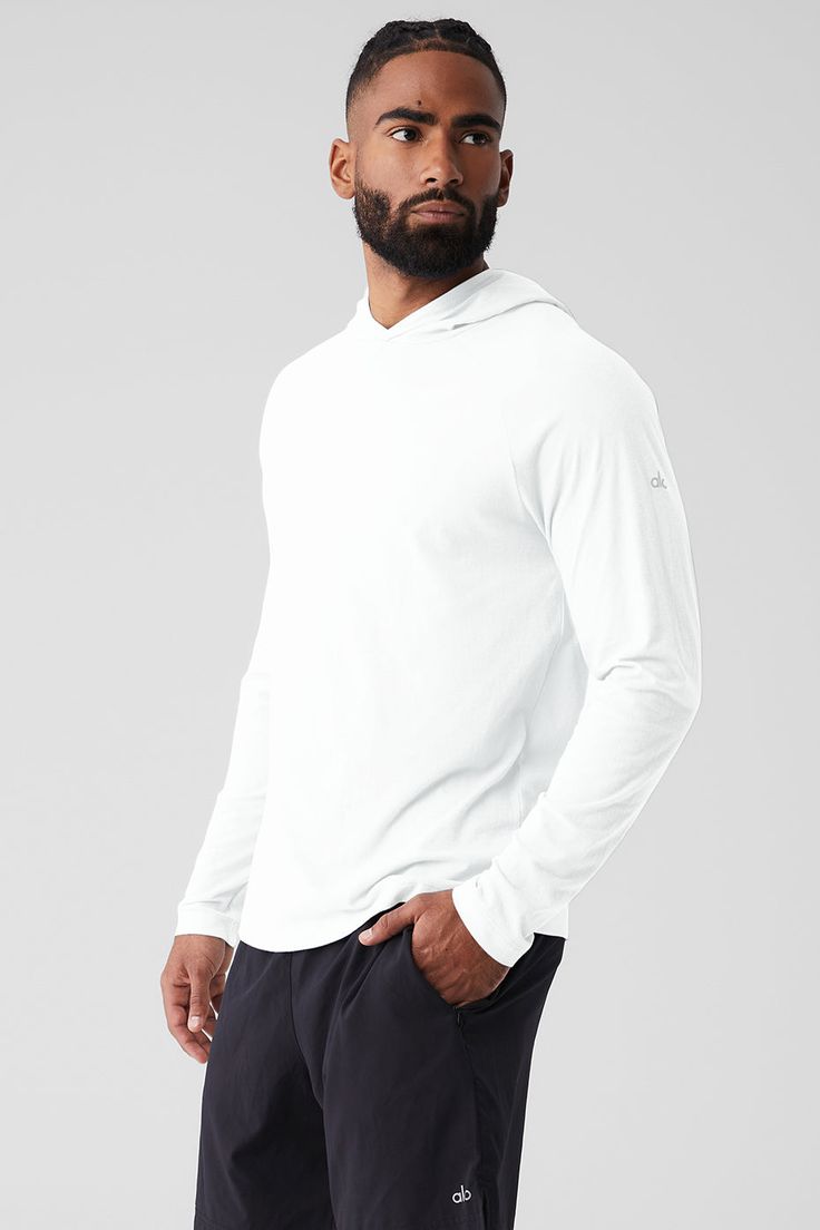 So soft — but still equipped to handle heavy-duty workouts. The tech-equipped Core Hooded Runner is made of sueded, tri-blend jersey that wears well all day. Raglan sleeves make this a perfect solo or layered player. Perfect layered or solo Raglan sleeves — work out then wear out Designed & uniquely fit for every size Wear-tested by our in-house team for the perfect fit White Long Sleeve Workout Hoodie, Alo Yoga White Long Sleeve Tops, Alo Yoga Cozy Long Sleeve Hoodie, White Raglan Sleeve Athleisure Top, Cozy Long-sleeve Alo Yoga Hoodie, Womens Onesie, Tank Top Long Sleeve, Womens Capris, Yoga For Men