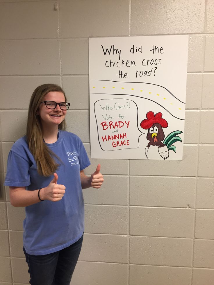 a girl giving a thumbs up in front of a chicken crossing the road sign that says, why did the chickens cross the road?