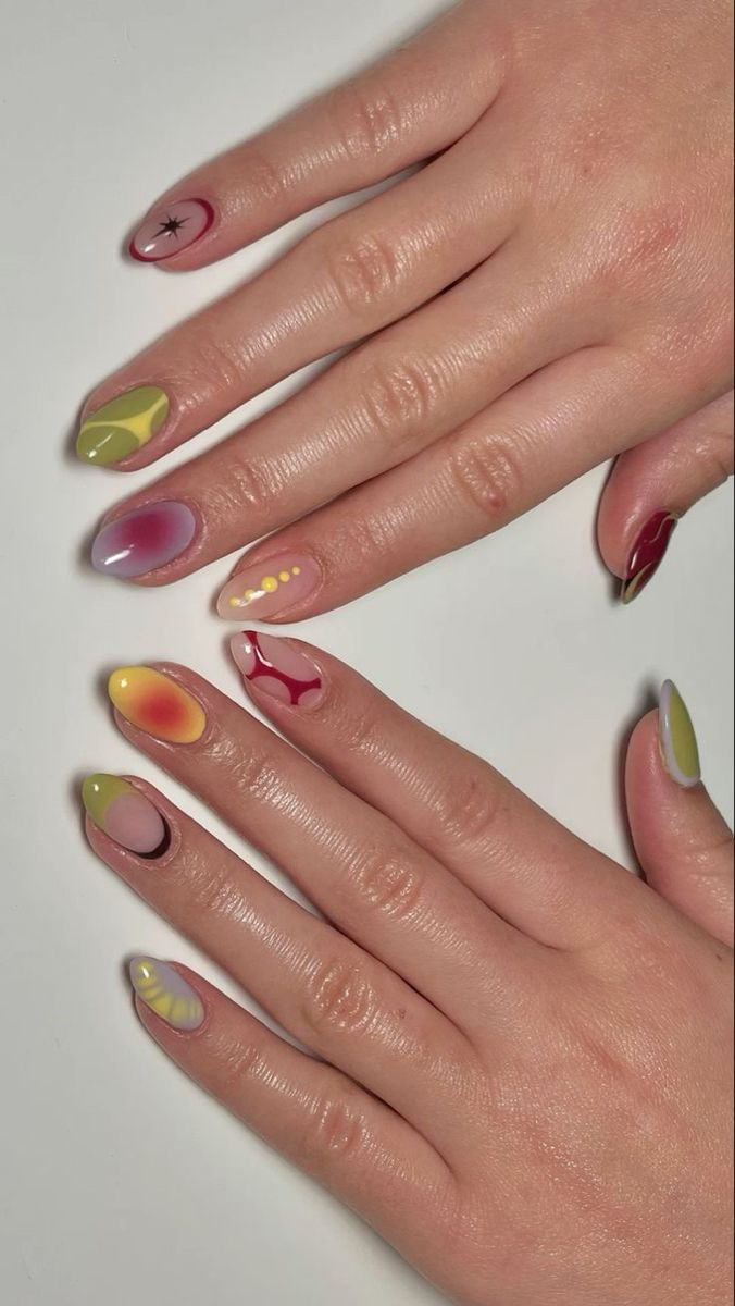 Short Almond Gel Nail Designs, French Nails Different, Gel X Spring Nails, Nail Design Inspo Almond, Simple Art Nails, Short Nail Almond Designs, Funky Nails 2024, Nail Art For Short Nails Aesthetic, Victoria Paris Nails