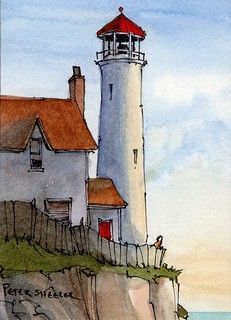 a painting of a lighthouse on the edge of a cliff