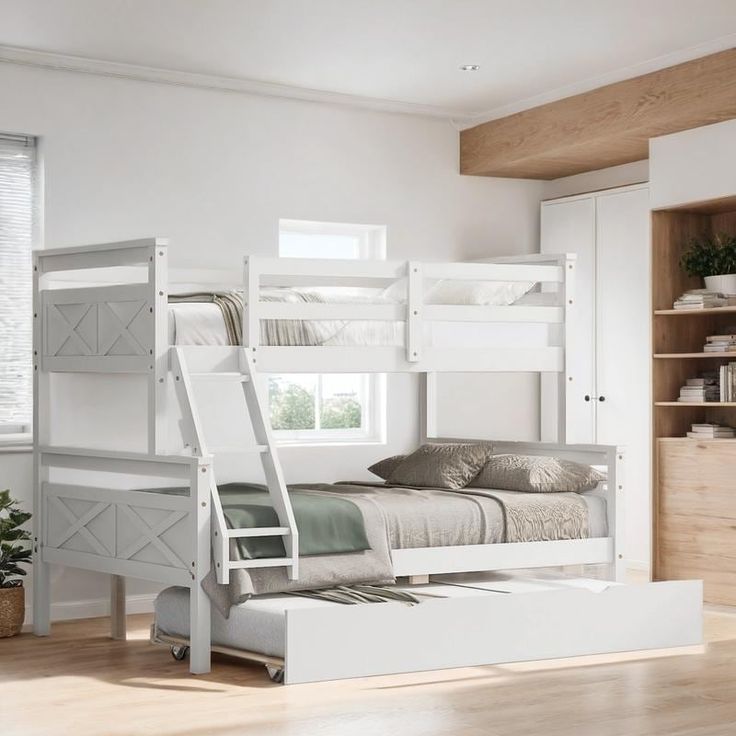 a white bunk bed sitting in a bedroom next to a book shelf and dresser with drawers