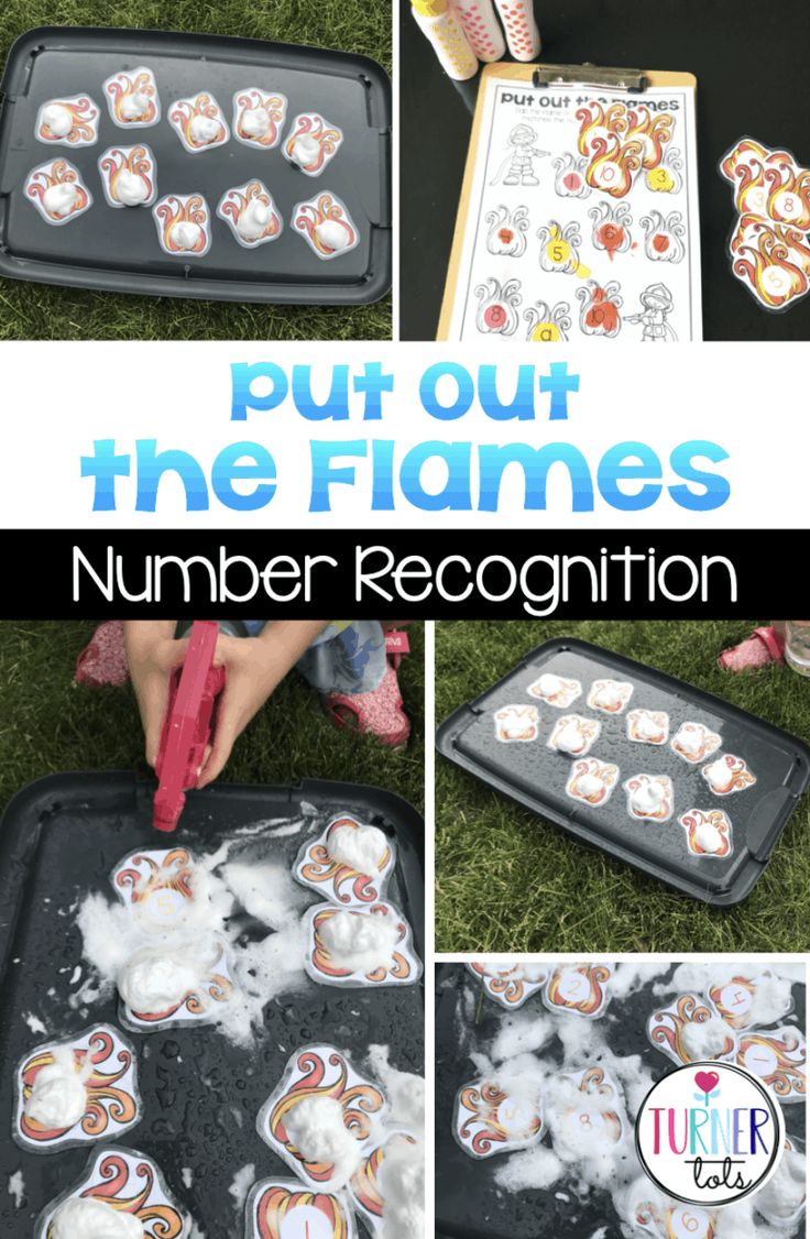 a collage of pictures showing how to put out the flamers number recognition game