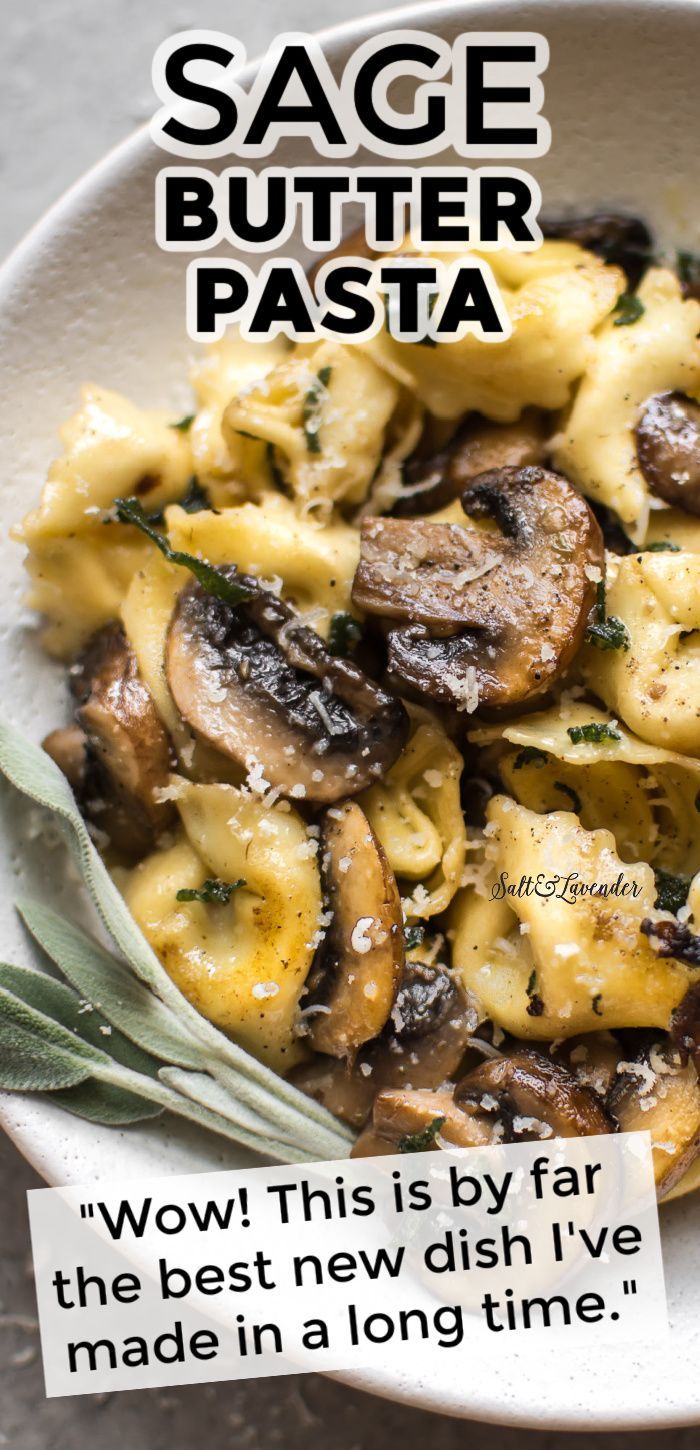 a white bowl filled with pasta covered in cheese and mushrooms next to an ad for sage butter pasta