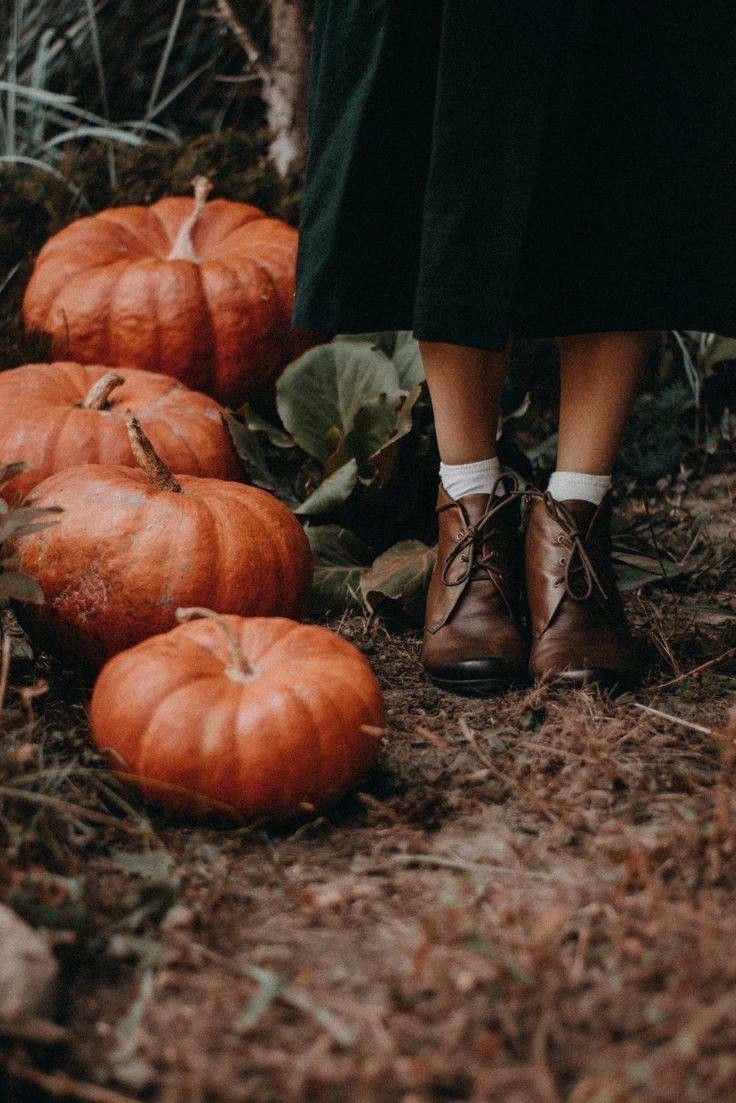 a person standing next to some pumpkins on the ground