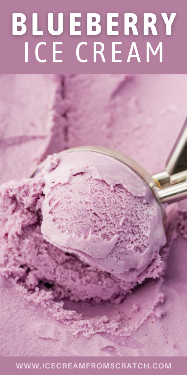 a scoop of blueberry ice cream on top of a pink background with text overlay