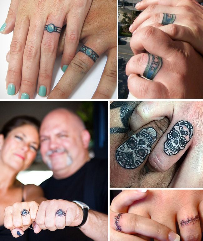 four different pictures of people with tattoos on their fingers and hands, one has a ring