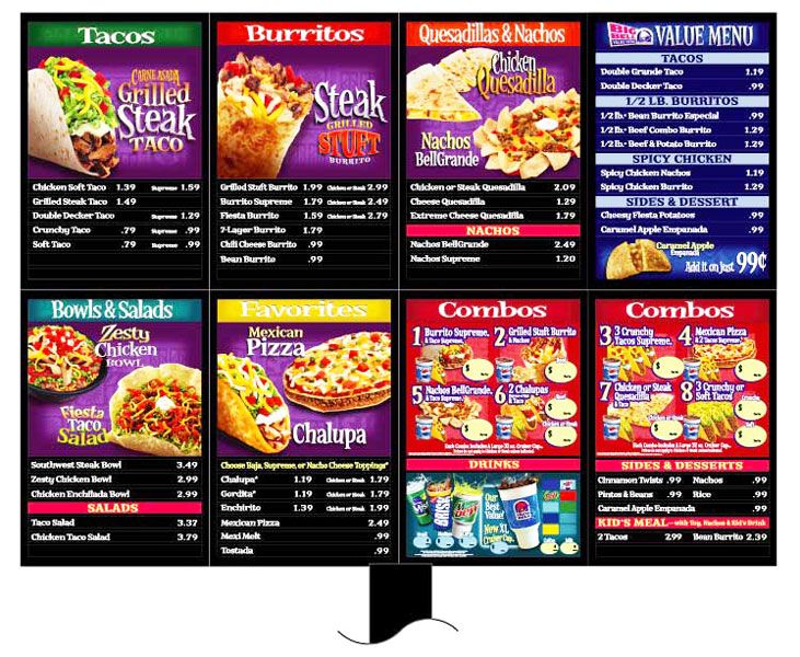 the menu for tacos and other mexican foods is displayed on a computer monitor screen