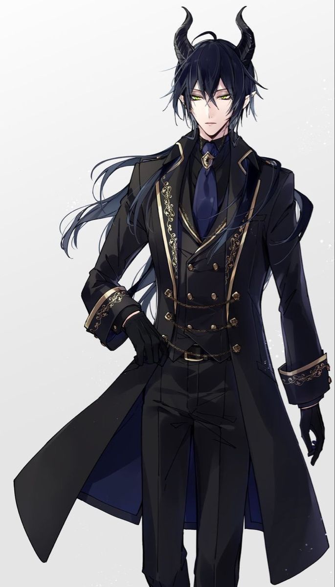 an anime character with long hair and horns on his head, wearing a black coat