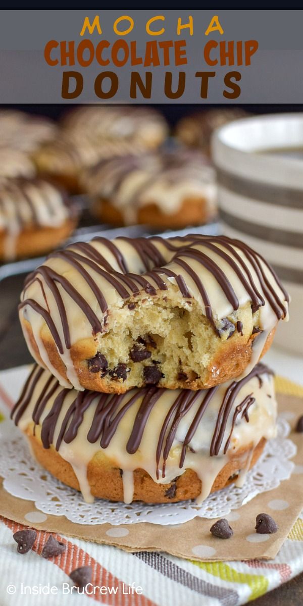 two chocolate chip doughnuts sitting on top of each other with the words mocha chocolate chip donuts