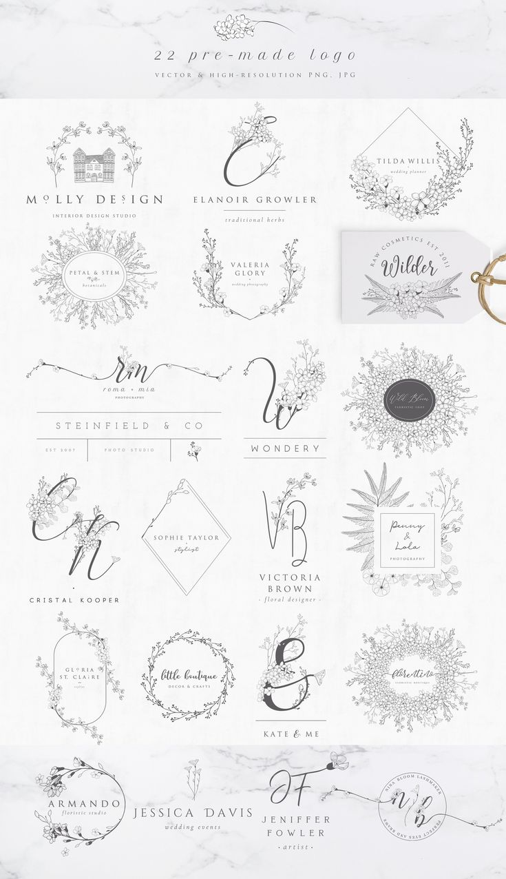 the wedding logo design is shown in black and white, with an elegant floral theme