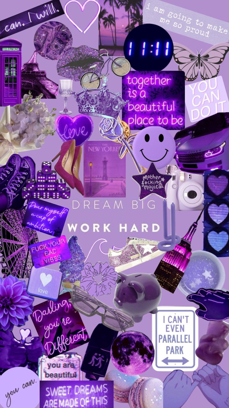 a collage of purple and white items with the words dream big written on them