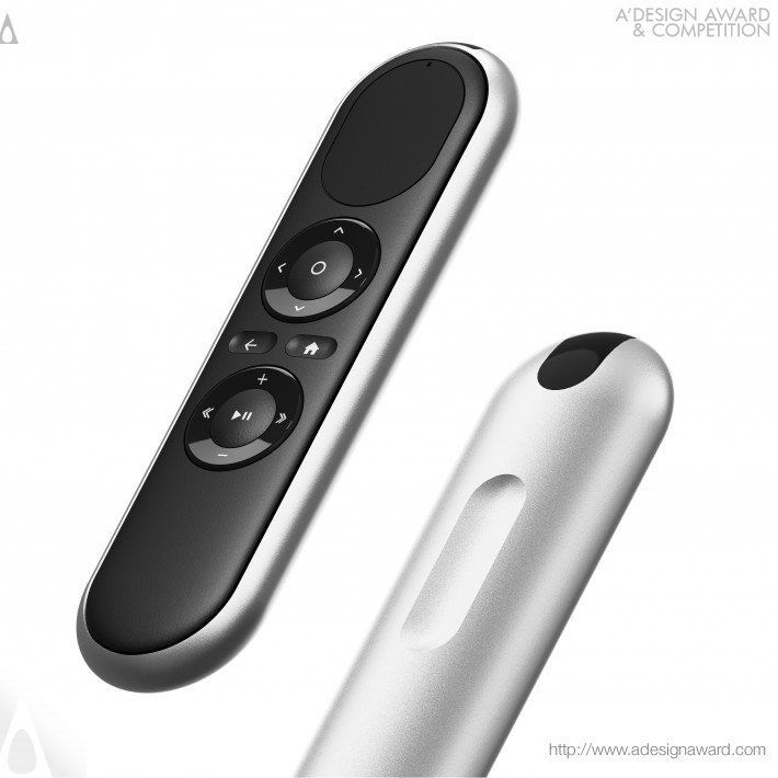 an apple product is shown with the remote control facing up and to the side, on a white background