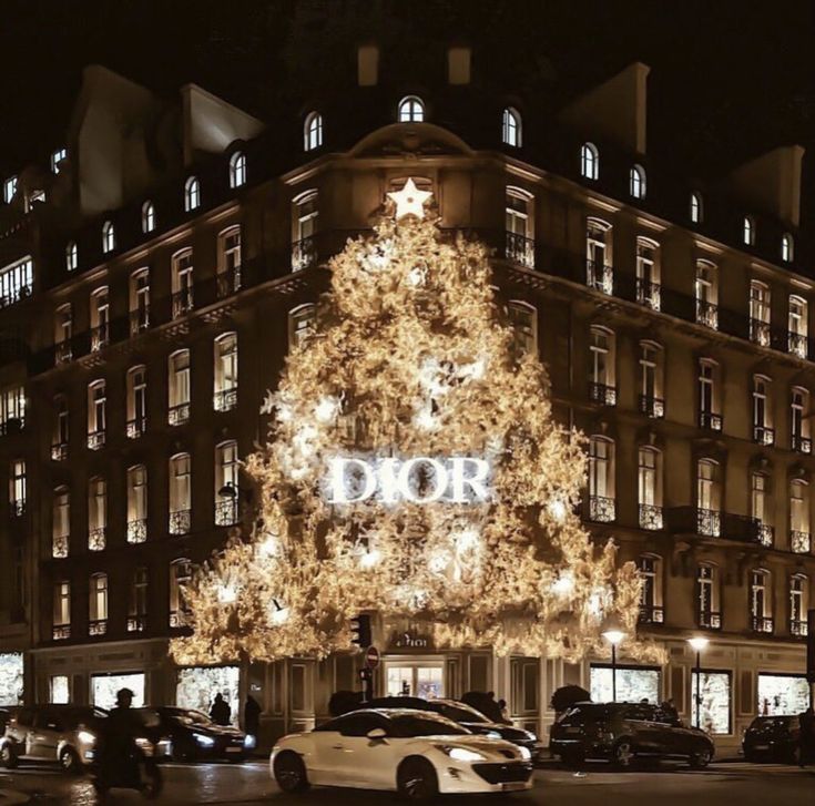 a large christmas tree is lit up in front of a building with cars parked on the street