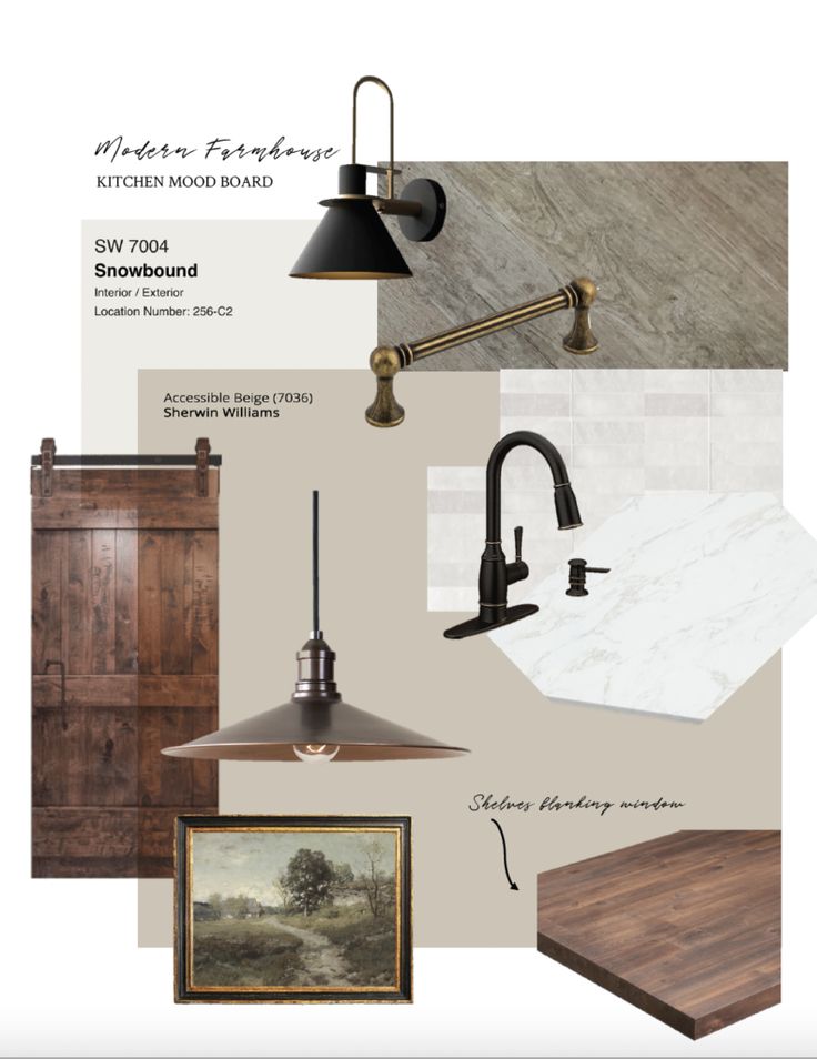 the interior design board for a kitchen with wood and metal accents, including an overhead light fixture