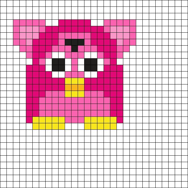 a pink bear with black eyes is shown in the shape of a cross stitch pattern