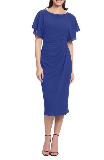 Gauzy, fluttering sleeves add romance to a calf-grazing midi dress with delicate gathering at the waistline. 44 1/2" length (size 8) Boat neck Short sleeves Lined 97% polyester, 3% spandex Machine wash, dry flat Imported Blue Midi Dress With Draped Sleeves For Evening, Blue Formal Dresses With Cape Sleeves, Blue Formal Dress With Cape Sleeves, Blue Midi Dress With Draped Sleeves, Blue Midi Dress With Draped Sleeves For Cocktail, Chiffon Midi Dress With Short Sleeves For Evening, Chic Blue Midi Dress With Draped Sleeves, Elegant Chiffon Dress With Butterfly Sleeves, Blue Party Midi Dress With Draped Sleeves