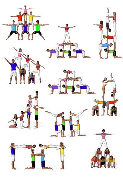 a group of people doing yoga poses in various positions and standing on one leg with their hands together