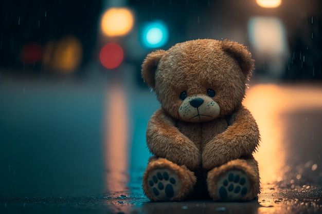 a teddy bear sitting on the ground in the rain