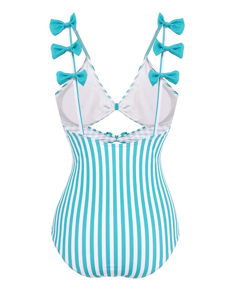 Blue 1960s Stripe Strap Bow One-Piece Swimsuit – Retro Stage - Chic Vintage Dresses and Accessories Blue Fitted Retro Swimwear, Retro Blue Swimwear For Spring, Fitted Retro Blue Swimwear, Retro Fitted Blue Swimwear, Retro Blue Lined Swimwear, Blue Retro Sleeveless Swimwear, Blue Lined Swimwear For Party, Light Blue Sleeveless Swimwear For Party, Retro Stage