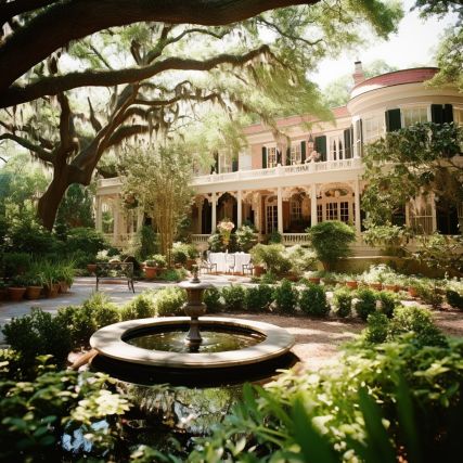 a large white house surrounded by greenery and trees with a fountain in the foreground