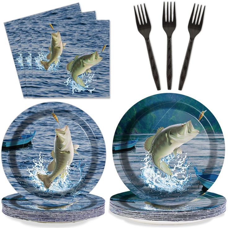 the fish is jumping out of the water to eat dinnerware set with fork and knife