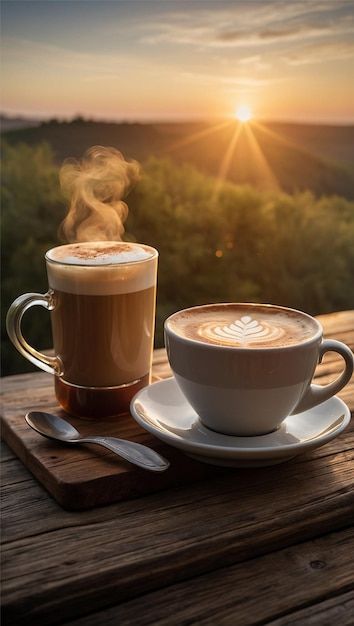 two cups of coffee sitting on top of a wooden table next to each other with the sun setting in the background