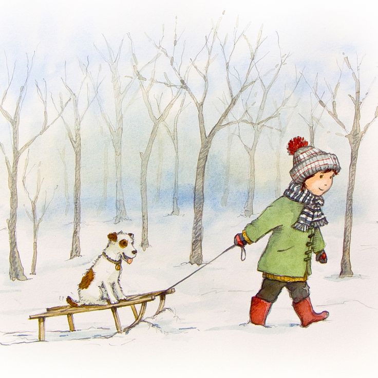 a drawing of a boy pulling a sled with two dogs on it in the snow