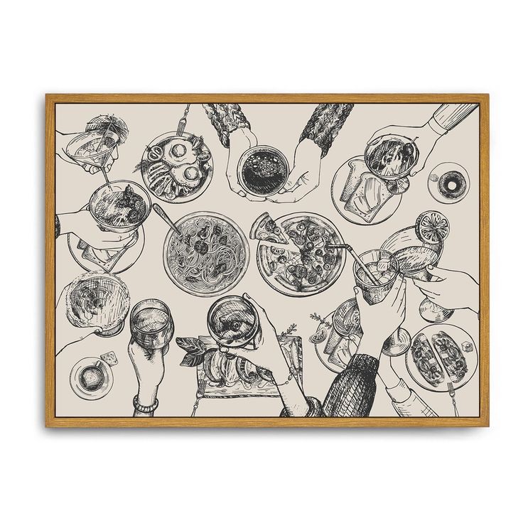 a black and white drawing with food on it